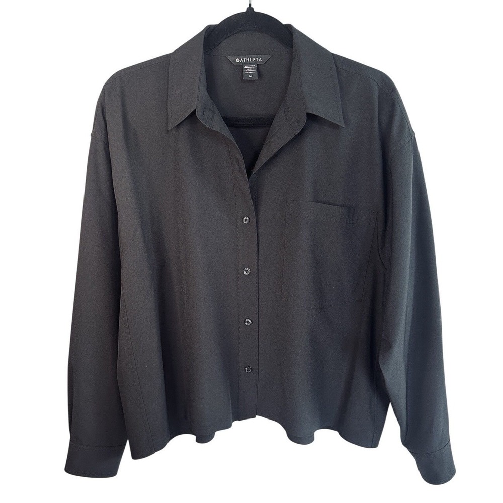 Athleta Haut Court Women's Size M Cropped Stretch Tech Shirt Black Hiking Travel